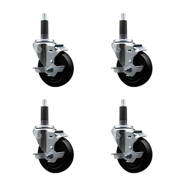 4'' SS Hard Rubber Swivel 1'' Expanding Stem Caster Set with Brake, 4PK